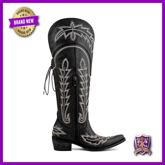 Knee High Western Cowgirl Boots Wide Calf Embroidered Lace Up Fashion Boots - Picture 4 of 6